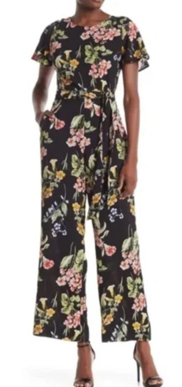 Nicole Miller Floral Short Sleeve Wide Leg Jumpsuit Size 2 Multicolor